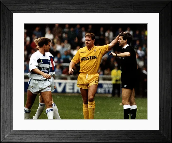 Framed Print : Tottenham Hotspur footballer Paul Gascoigne pats the referee on the head during a match Framed Print : Tottenham Hotspur footballer Paul Gascoigne pats the referee on the head during a match
