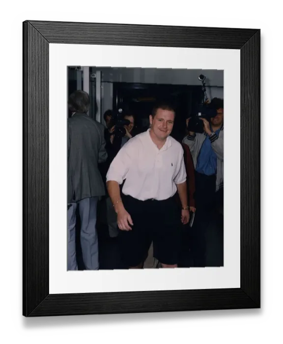 Framed Print : Lazio and England footballer Paul Gascoigne at Heathrow airport in London Framed Print : Lazio and England footballer Paul Gascoigne at Heathrow airport in London