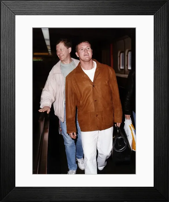 Framed Print : Lazio and England footballer Paul Gascoigne at Heathrow airport in London Framed Print : Lazio and England footballer Paul Gascoigne at Heathrow airport in London