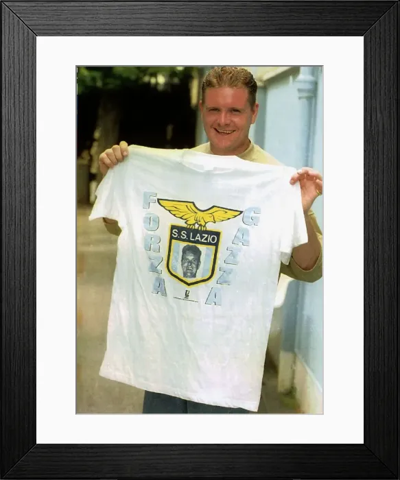 Framed Print : Lazio footballer Paul Gascoigne holds a club t shirt after a training session 26th Framed Print : Lazio footballer Paul Gascoigne holds a club t shirt after a training session 26th