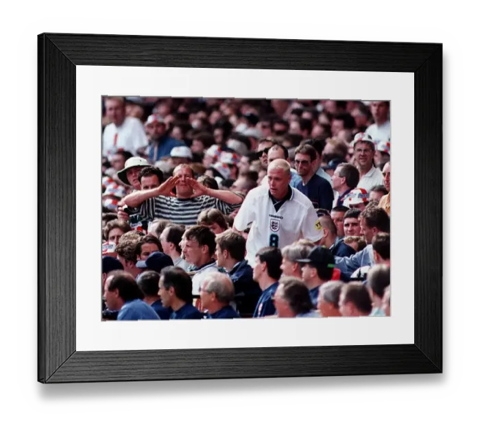 Framed Print : England footballer Paul Gascoigne on the bench during his side Framed Print : England footballer Paul Gascoigne on the bench during his side