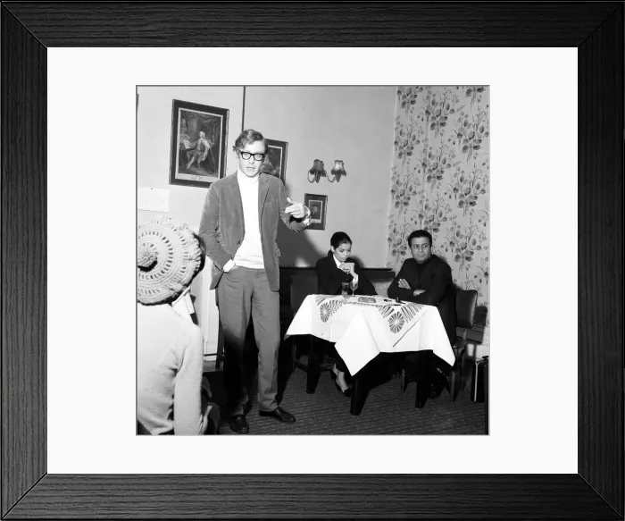 Framed Print : Biafra Christmas Ship Fund. Michael Caine answers questions with Political graduate Framed Print : Biafra Christmas Ship Fund. Michael Caine answers questions with Political graduate