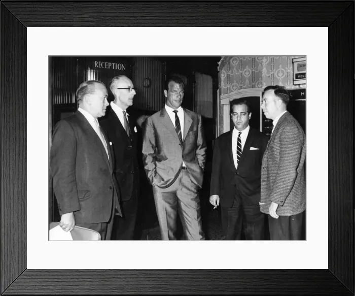 Framed Print : Welsh footballing great John Charles (centre) pictured with officials of Cardiff City Framed Print : Welsh footballing great John Charles (centre) pictured with officials of Cardiff City