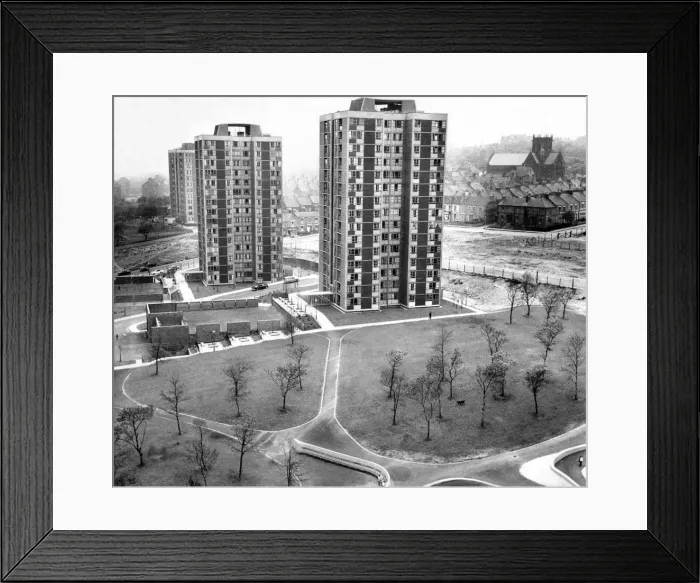 Framed Print : The landscaping treatment at the high rise flats at Cruddas Park Housing Estate in