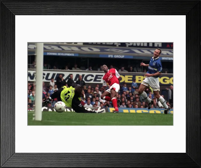 Framed Print : Ian Wright Arsenal Player scoring goal September 1997 scores a goal at Goodison Framed Print : Ian Wright Arsenal Player scoring goal September 1997 scores a goal at Goodison