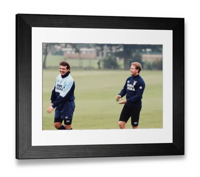 Framed Print : Lazio footballer Paul Gascoigne with teammate Roberto Cravero during a team training Framed Print : Lazio footballer Paul Gascoigne with teammate Roberto Cravero during a team training