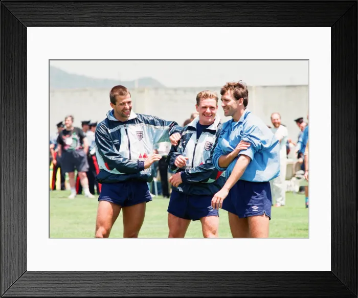 Framed Print : 1990 World Cup Finals in Italy. England teammates left to right: Steve Bull