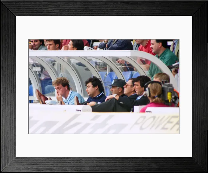 Framed Print : Lazio footballer Paul Gascoigne on the bench along with his manager Dino Zoff (right Framed Print : Lazio footballer Paul Gascoigne on the bench along with his manager Dino Zoff (right