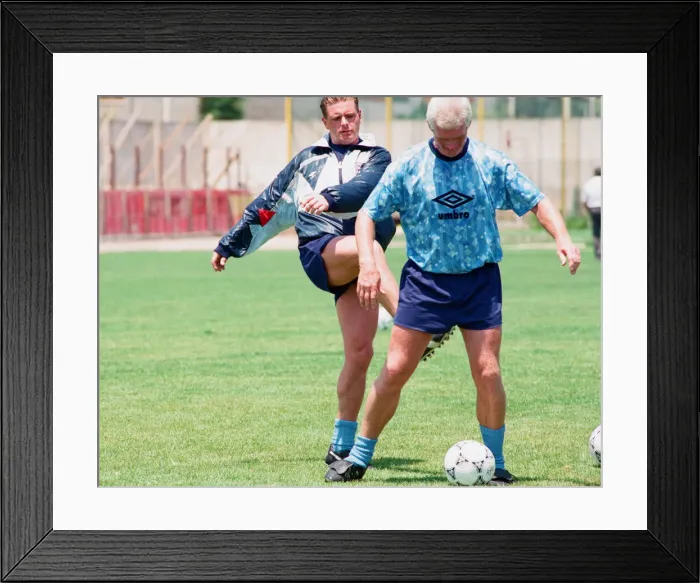 Framed Print : 1990 World Cup Finals in Italy. England footballer Paul Gascoigne ajoking around Framed Print : 1990 World Cup Finals in Italy. England footballer Paul Gascoigne ajoking around