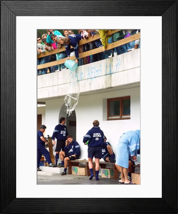 Framed Print : Lazio footballer Paul Gascoigne has a bucket of water tipped over him by teammate Beppe Framed Print : Lazio footballer Paul Gascoigne has a bucket of water tipped over him by teammate Beppe