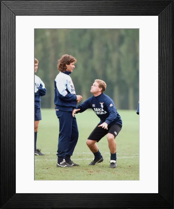 Framed Print : Lazio footballer Paul Gascoigne clowning around with teammates during a team training Framed Print : Lazio footballer Paul Gascoigne clowning around with teammates during a team training