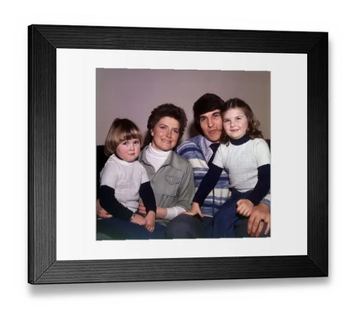 Framed Print : Rangers and Scotland footballer Tom Forsyth at home with his wife Linda and children