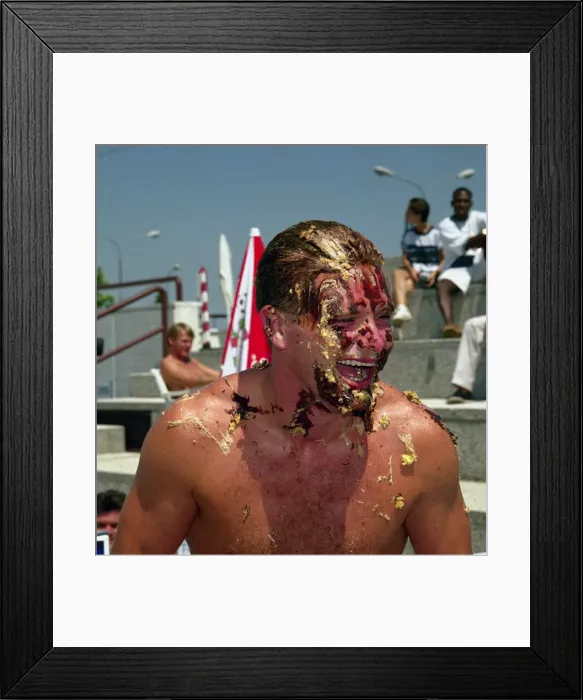 Framed Print : Paul Gascoigne seen here playing about beside the pool at the England Teams hotel in Framed Print : Paul Gascoigne seen here playing about beside the pool at the England Teams hotel in