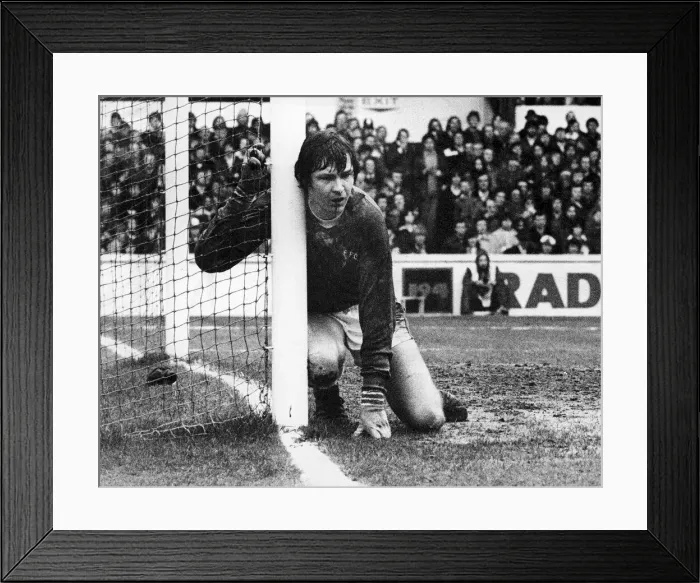Framed Print : Everton keeper David Lawson hanging onto the post in pain after injuring himself whilst Framed Print : Everton keeper David Lawson hanging onto the post in pain after injuring himself whilst