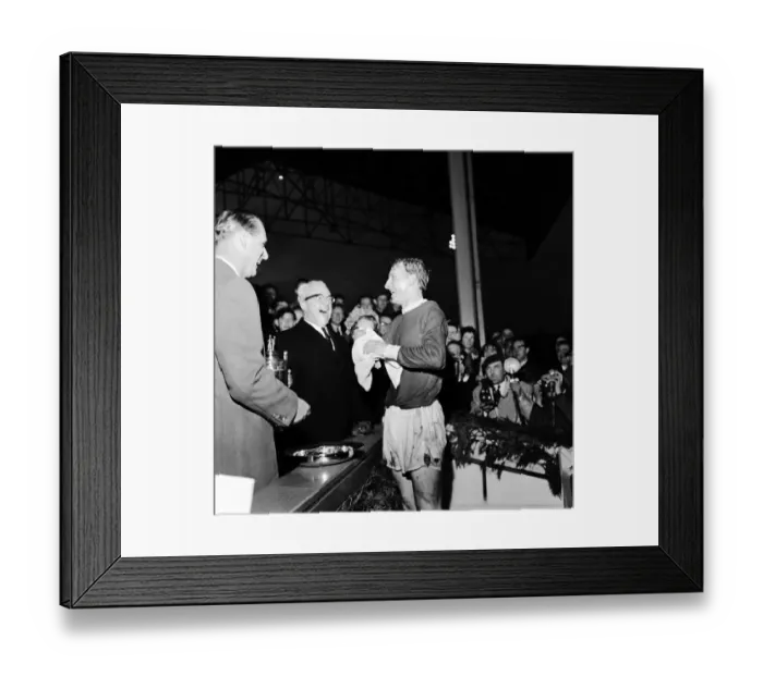 Framed Print : Denis Law meets Prince Philip, Duke of Edinburgh at the local football derby charity game