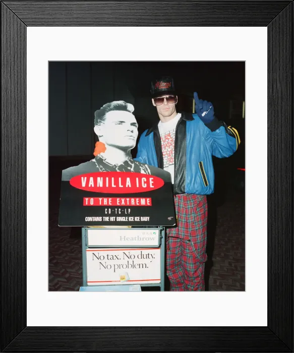 Framed Print : American rapper Vanilla Ice at tHeathrow Airport with a cardboard cut out of himself to