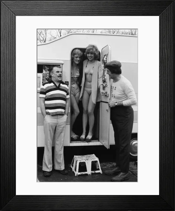Framed Print : Scene during the filming of Carry On Behind'showing left to right Framed Print : Scene during the filming of Carry On Behind'showing left to right