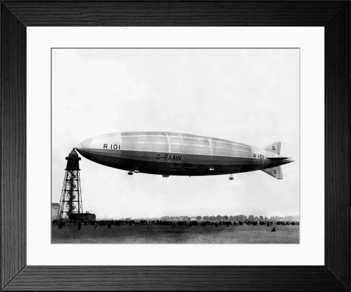 Framed Print : The British R101, the biggest rigid airship of her day, seen here attached to a mooring Framed Print : The British R101, the biggest rigid airship of her day, seen here attached to a mooring