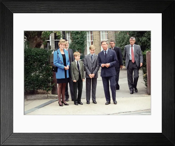 Framed Print : Prince William (third left) poses at a photocall with his mother Diana, Princess of Wales