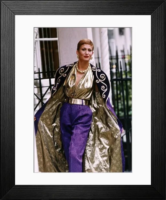 Framed Print : Paula Hamilton model modelling a purple and gold brocate evening coat DBase Framed Print : Paula Hamilton model modelling a purple and gold brocate evening coat DBase