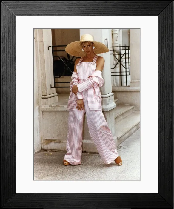 Framed Print : Paula Hamilton model wearing a pink and white striped silk jacket and dungarees