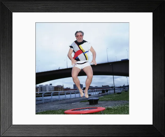 Framed Print : Christopher Biggins actor 1986 trampolining at River Clyde Glasgow Framed Print : Christopher Biggins actor 1986 trampolining at River Clyde Glasgow