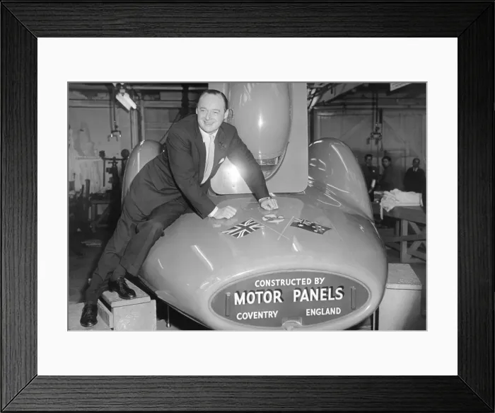 Framed Print : British speed record breaker Donald Campbell at Motor Panels, Holbrooks