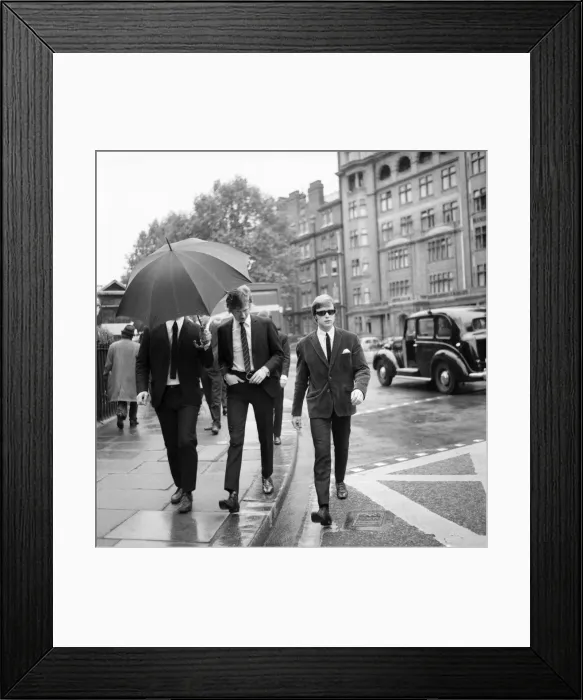 Framed Print : Rolling Stones: manager Andrew Loog Oldham and his chauffeur Reg Stiles (sunglasses Framed Print : Rolling Stones: manager Andrew Loog Oldham and his chauffeur Reg Stiles (sunglasses