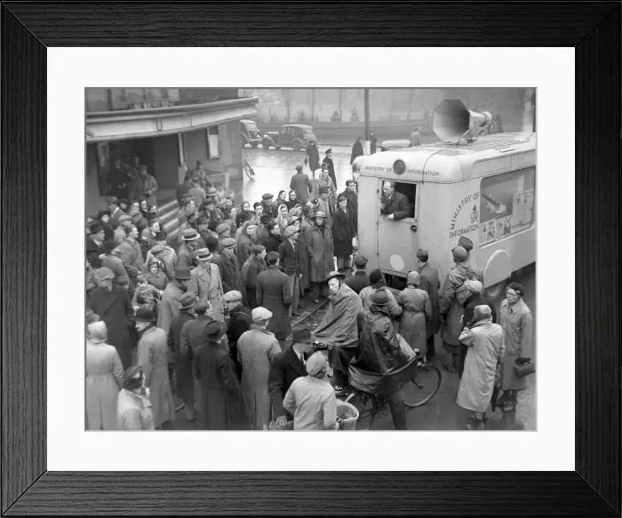Framed Print : People gather around the Ministry of Information van parked outside the Coventry Framed Print : People gather around the Ministry of Information van parked outside the Coventry