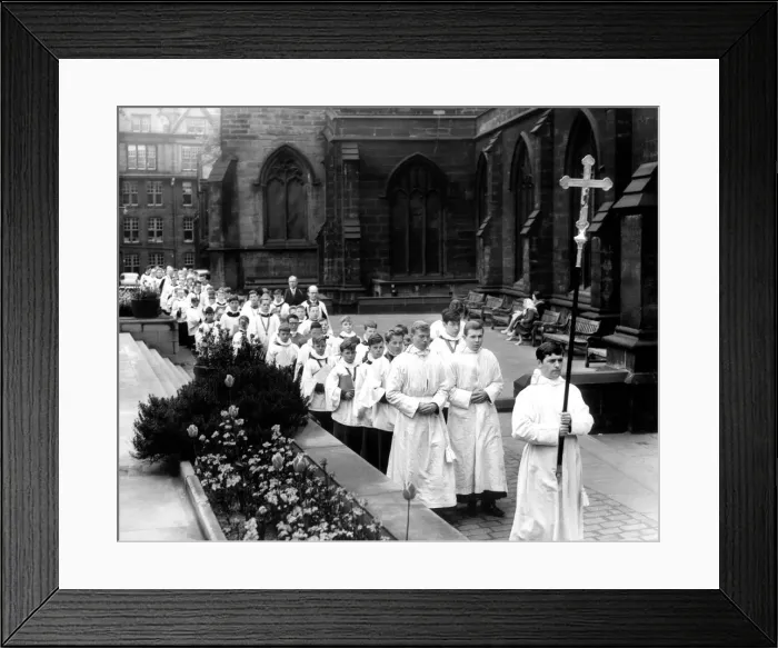 Framed Print : The choir of St. Nicholas Cathedral, Newcastle lined up in the Cathedral grounds waiting