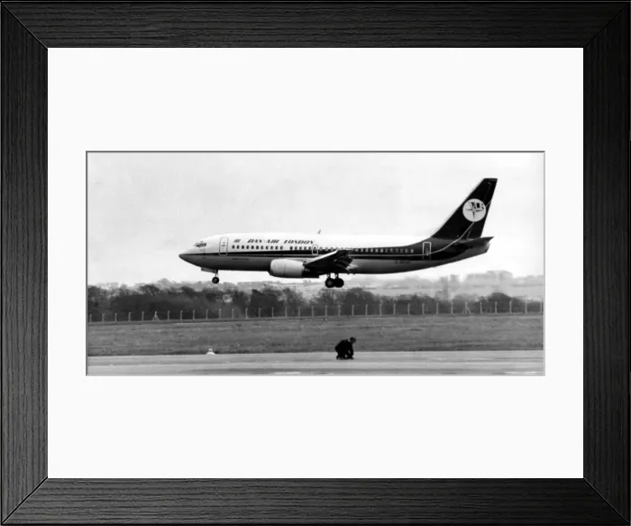 Framed Print : A new Dan-Air Boeing 737 lands at Newcastle Airport as a workman works on an adjoining Framed Print : A new Dan-Air Boeing 737 lands at Newcastle Airport as a workman works on an adjoining