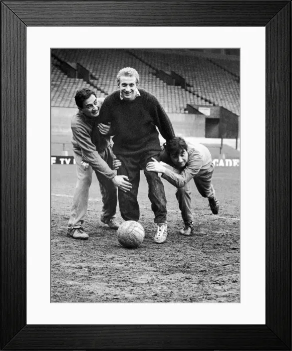 Framed Print : Denis Law of Manchester United training at Old Trafford with comedy double act Mike Framed Print : Denis Law of Manchester United training at Old Trafford with comedy double act Mike