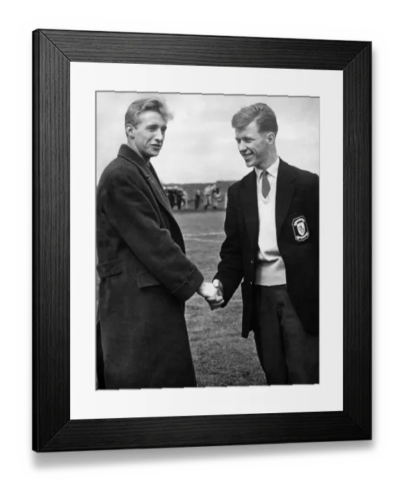 Framed Print : Huddersfield Town footballer Denis Law shaking hands with fellow Scottish footballer John Framed Print : Huddersfield Town footballer Denis Law shaking hands with fellow Scottish footballer John