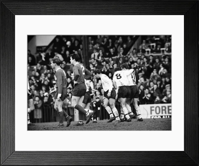 Framed Print : Fulham 2 v. Liverpool 0 1966 League campaign, Fulham players celebrate Framed Print : Fulham 2 v. Liverpool 0 1966 League campaign, Fulham players celebrate