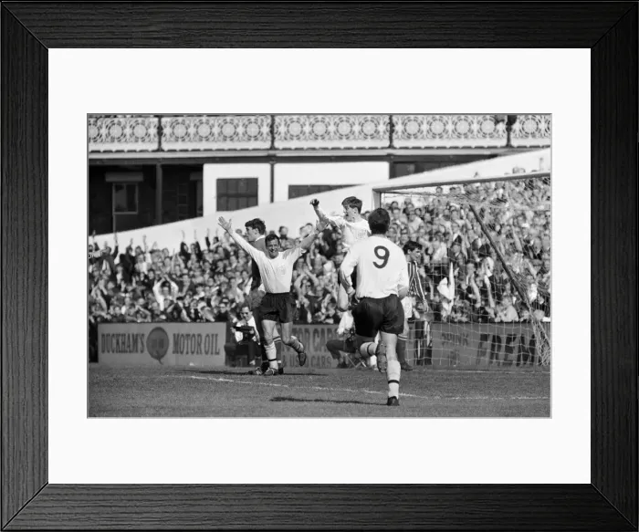 Framed Print : Fulham 1 v. Stoke 1. 1966 League campaign. Clarke is congratulated by his Framed Print : Fulham 1 v. Stoke 1. 1966 League campaign. Clarke is congratulated by his