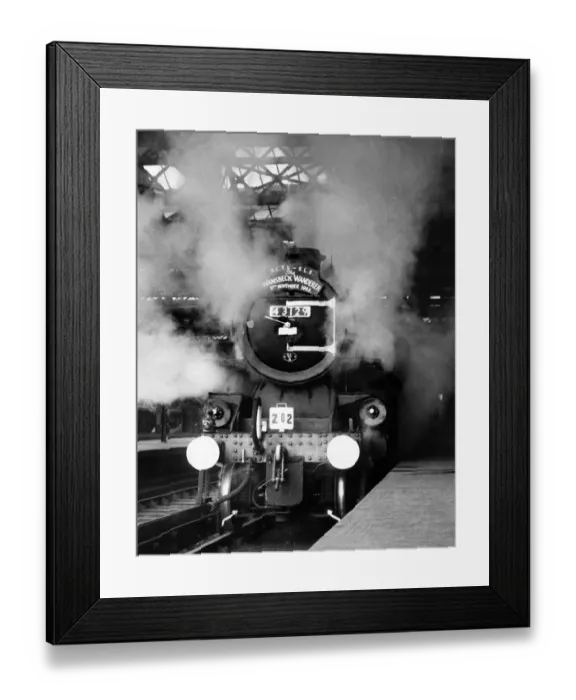 Framed Print : In a flurry of steam, engine 43129 pulls the six car train