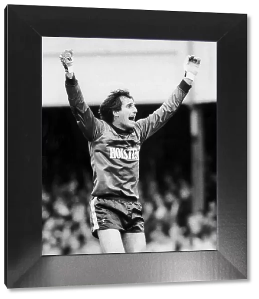 Tottenham Hotspur goalkeeper Ray Clemence celebrates a goal by Clive Allen during his