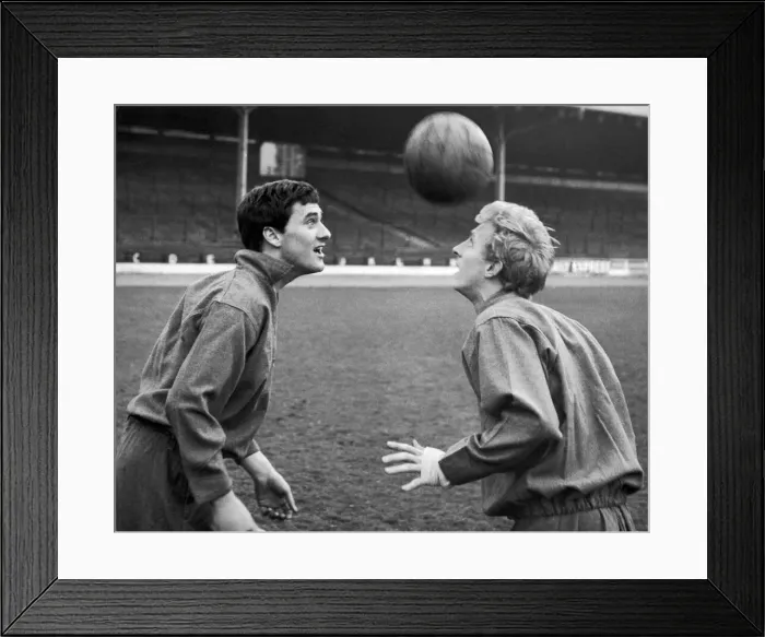 Framed Print : Jim Baxter and Denis Law of Scotland practice before their International against Ireland Framed Print : Jim Baxter and Denis Law of Scotland practice before their International against Ireland