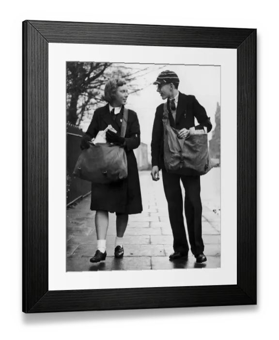 Framed Print : A paperboy and papergirl, dressed in their school uniforms