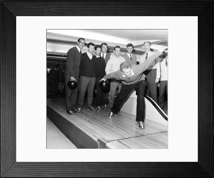 Framed Print : Fulham squad hit the bowling alley for a spot of team bonding. 29th March 1962 Framed Print : Fulham squad hit the bowling alley for a spot of team bonding. 29th March 1962