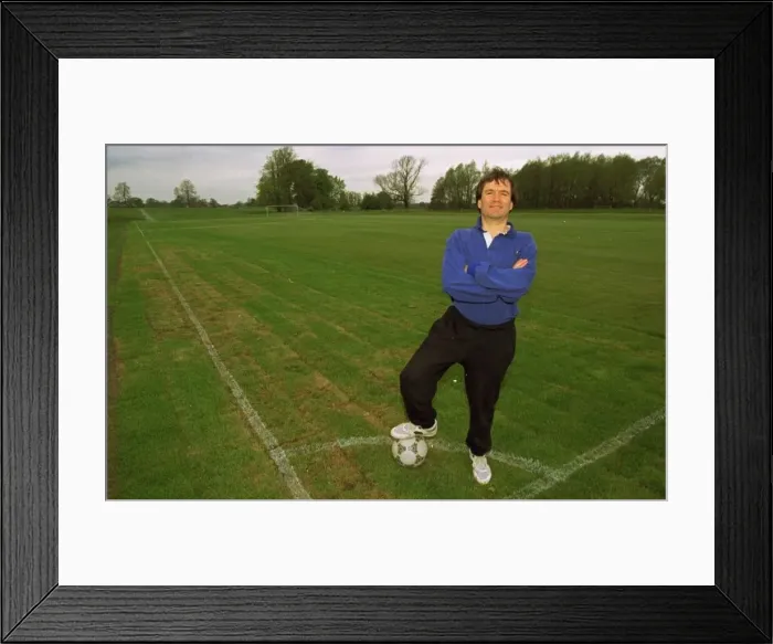 Framed Print : John Edwards Daily Mirror reporter tries out the football pitch at Mottram Hall Hotel in Framed Print : John Edwards Daily Mirror reporter tries out the football pitch at Mottram Hall Hotel in