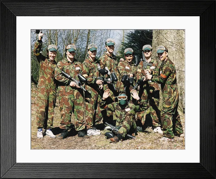 Framed Print : Falkirk FC players wearing camouflage jackets during a team bonding paintball session Framed Print : Falkirk FC players wearing camouflage jackets during a team bonding paintball session