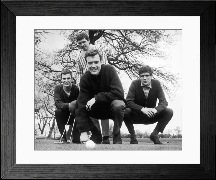 Framed Print : Leeds United players on the golf course. Giles, Peacock, Hunter and Madeley. 1967 Framed Print : Leeds United players on the golf course. Giles, Peacock, Hunter and Madeley. 1967