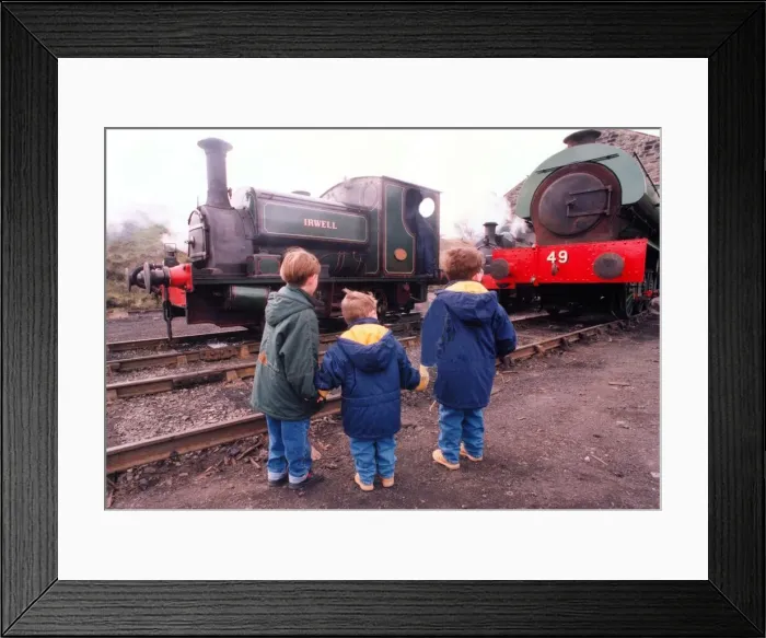 Framed Print : Thee little ones study steam locomotives at the Tanfield Railway engine sheds which were