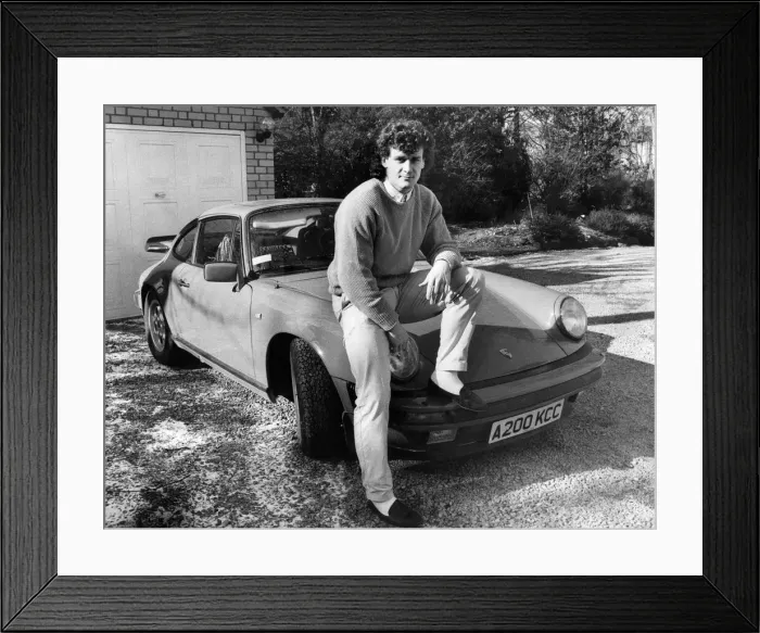 Framed Print : Manchester United footballer Mark Hughes 22, poses with his German built Porsche sports Framed Print : Manchester United footballer Mark Hughes 22, poses with his German built Porsche sports