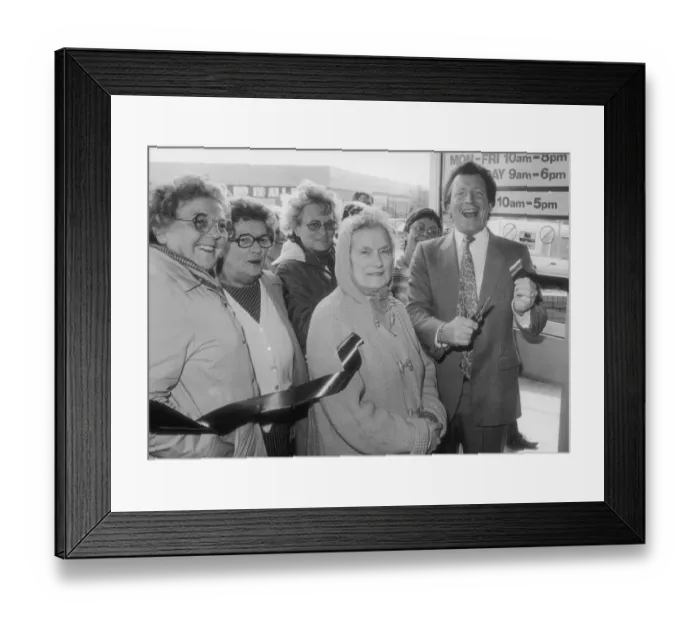 Framed Print : Coronation Street businessman Mike Baldwin takes time off from his factory to open Framed Print : Coronation Street businessman Mike Baldwin takes time off from his factory to open