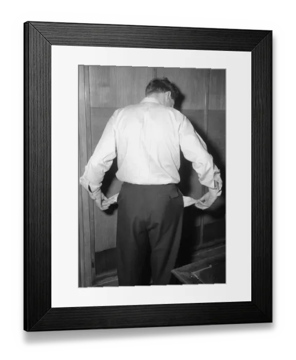 Framed Print : Model poses to illustrate a luck of funds. 29th April 1954 Framed Print : Model poses to illustrate a luck of funds. 29th April 1954