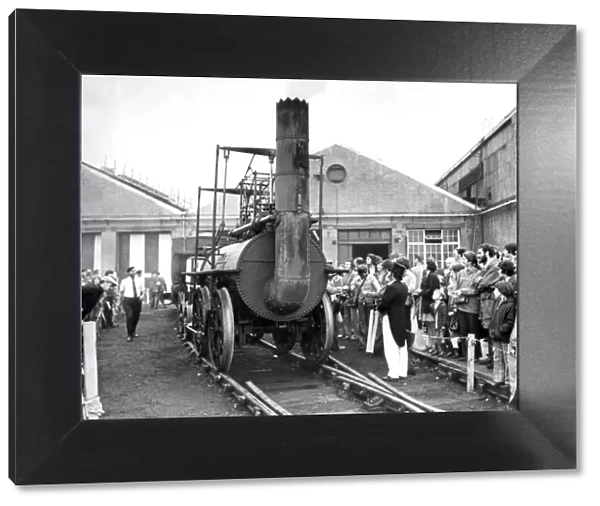 Under steam with top hat and tails in attendance the replica of George Stephenson