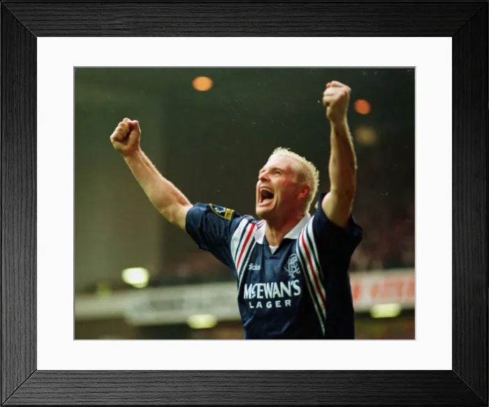 Framed Print : Paul Gascoigne of Rangers celebrates his goal against Celtic in the Scottish Premier Framed Print : Paul Gascoigne of Rangers celebrates his goal against Celtic in the Scottish Premier