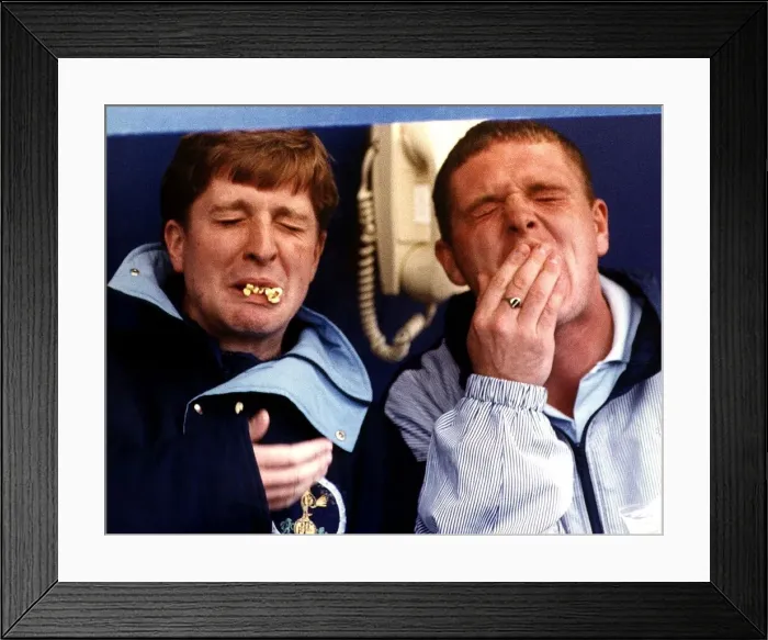 Framed Print : Tottenham Hotspur star Paul Gascoigne clowning around with with teamate John Moncur Framed Print : Tottenham Hotspur star Paul Gascoigne clowning around with with teamate John Moncur